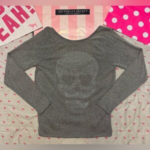 VS PINK VINTAGE OPEN SCOOP BACK GRAY SWEATER CREW SKULL BLING RHINESTONES RARE M